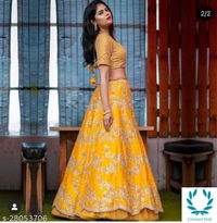 Semi Stiched Lehega Choli - Free Size, Yellow, Satain, Dupatta Fabric: Net, Embroiderd, Multipack :1